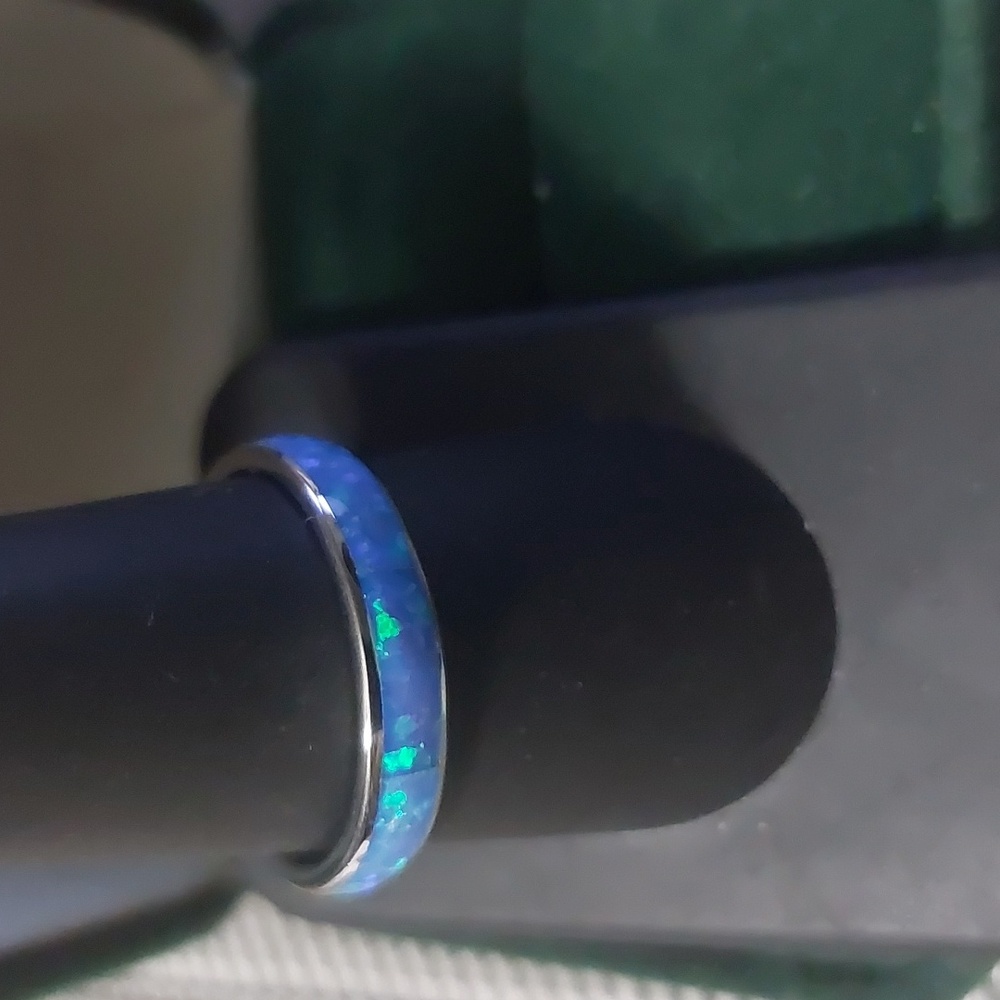 Sterling Silver Light Blue Lab Opal Band sz9